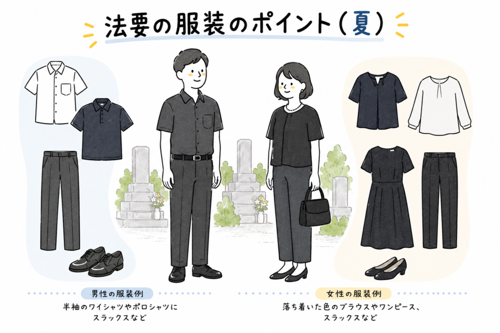 夏の法要に適した服装黒や紺、ｸﾞﾚｰの落ち着いた色の服男性は半袖のワイシャツや落ち着いた色のポロシャツに、スラックス女性は落ち着いた色のブラウスとスラックス、ワンピース