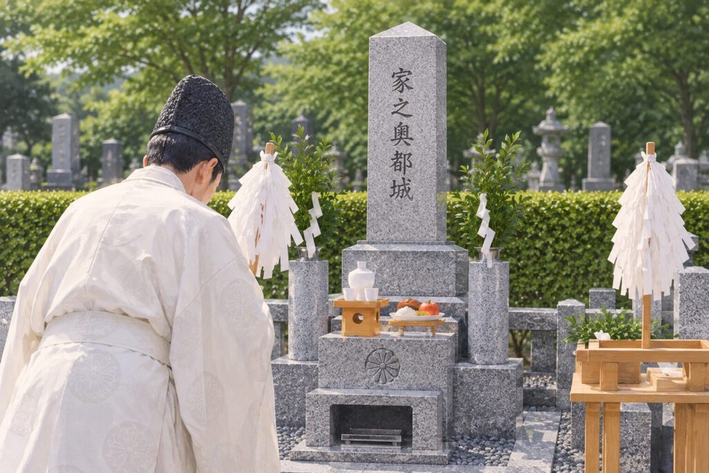 千葉県野田市、平成東武霊園神道のお墓で納骨をしている様子