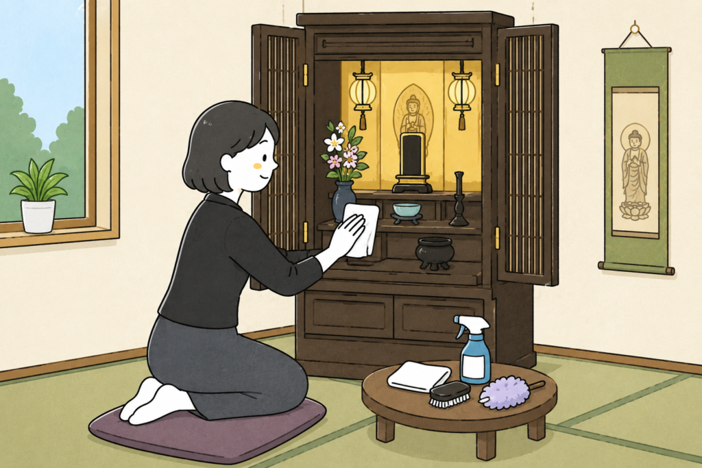 お彼岸には何をする？仏壇や仏具の掃除をし、お供えをするイラスト