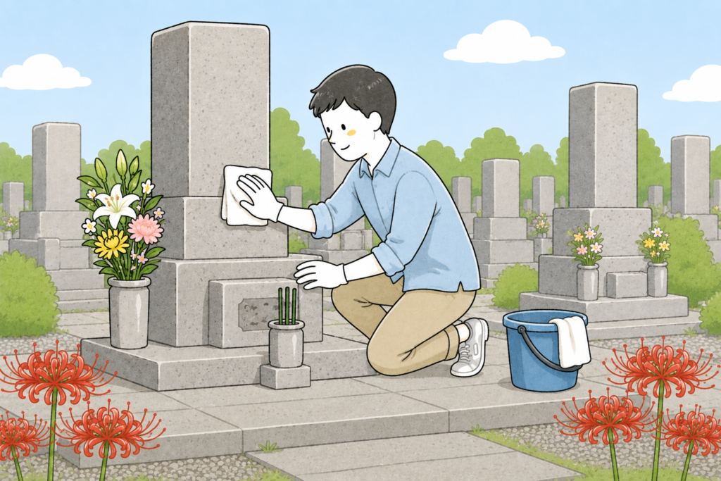 お彼岸のお墓参りお墓の掃除をしているイラスト