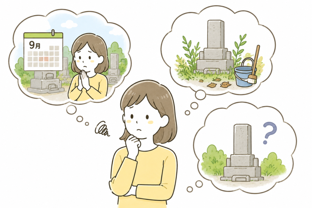 お彼岸にお参りに行けない、お墓の掃除が出来ていない、お墓の様子が気になって悩んでいるイラスト