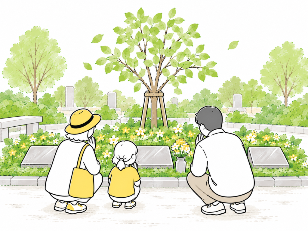 樹木葬家族でお墓参りをする様子
